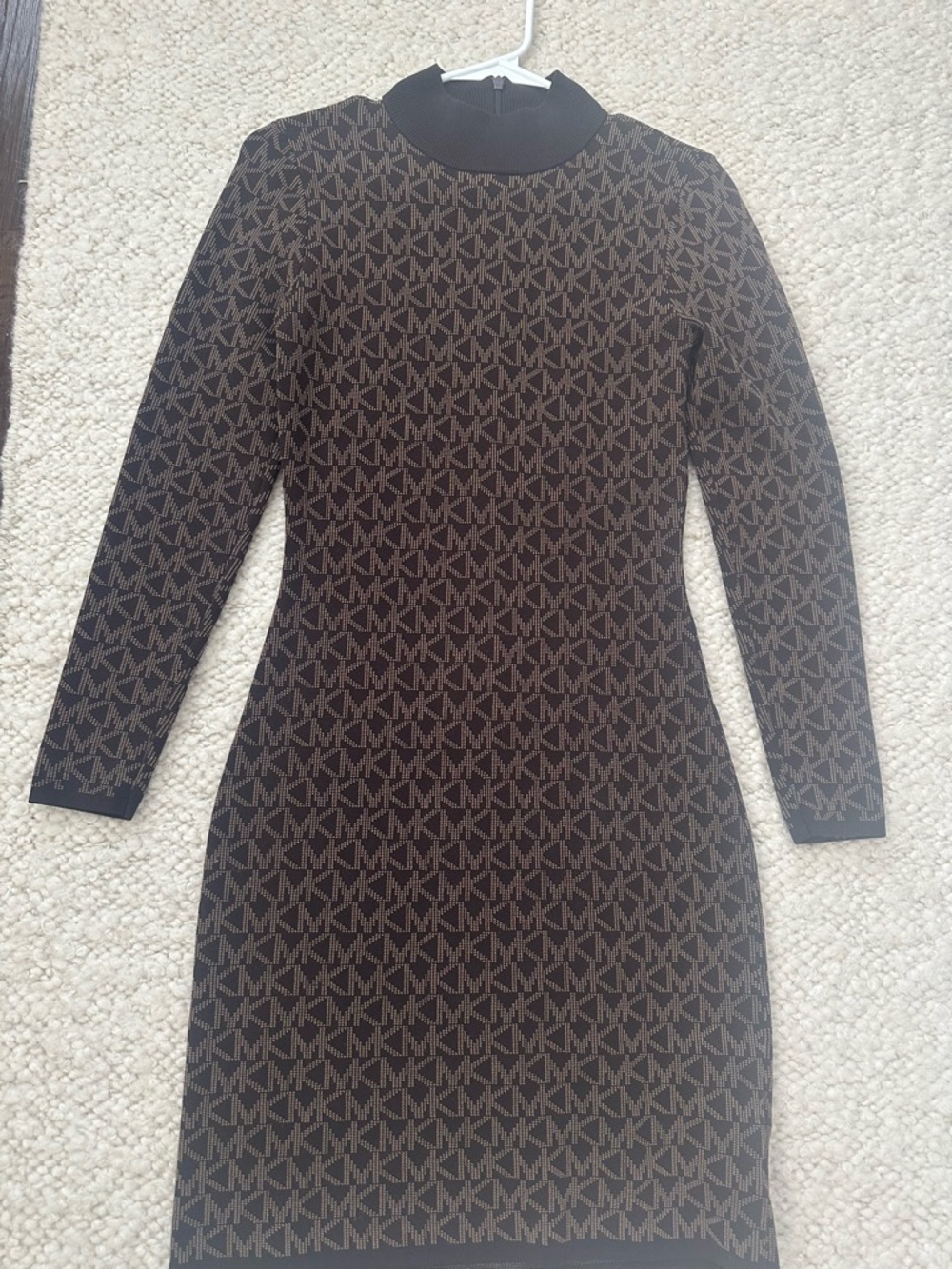 Michael Kors Black and Brown Logo-Print Long Sleeve Knit Dress